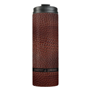 Personalisierte Imitate Leather Brown bestickt Thermosbecher