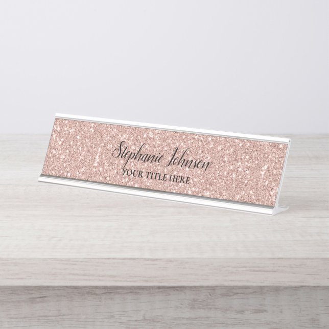 Personalisierte Imitate Rose Gold Glitzer Schreibtischnamensplakette (Vorderseite )