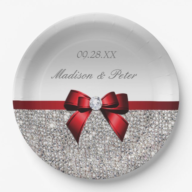 Personalisierte Imitate Silver Sequins Red Bow Wed Pappteller (Vorderseite)