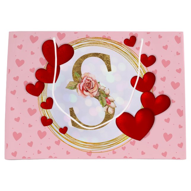 Personalisierte initiale florale Monogramm und Rot Große Geschenktüte (Vorderseite)