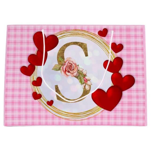 Personalisierte initiale florale Monogramm und Rot Große Geschenktüte (Vorderseite)