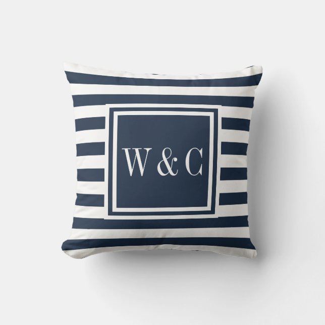 Personalisierte Initialen Monogramm Navy Blue Whit Kissen (Vorderseite)