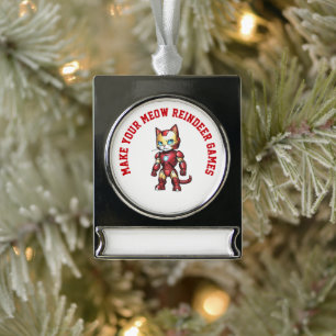 Personalisierte Ironcat-Reindeer-Spiele Banner-Ornament Silber