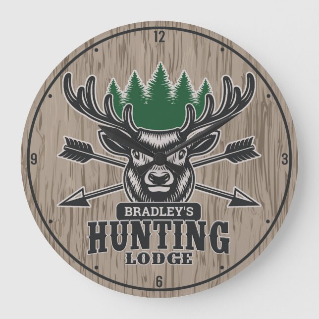 Personalisierte Jagdlodge für Hirschelken Große Wanduhr (Vorderseite)