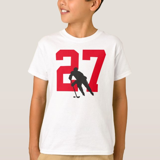 Personalisierte Jugendhockey-Spielernummer Red Bla T-Shirt (Vorderseite)