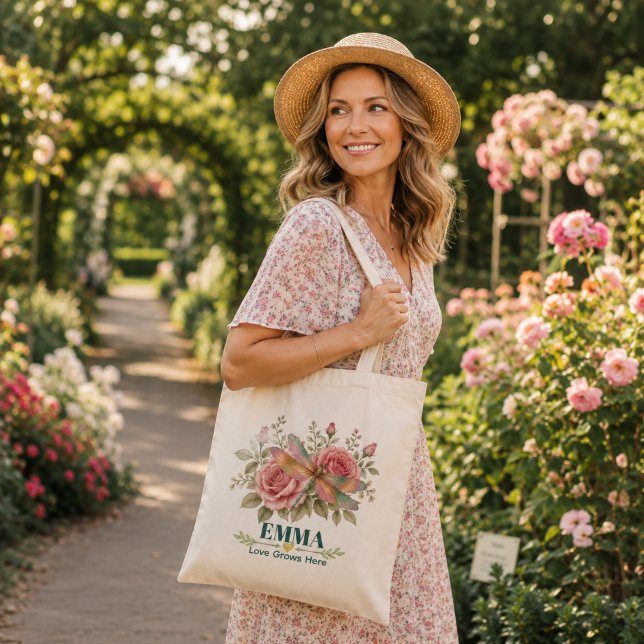 Personalisierte Juni-Geburtsblume Libelle Rose Tragetasche (Von Creator hochgeladen)