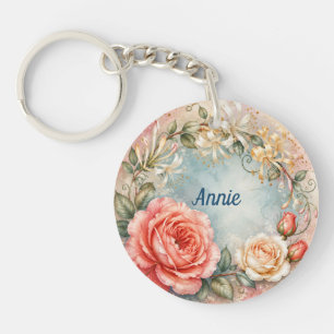 Personalisierte Junigeburtsblume Rose & Geißblatt Schlüsselanhänger