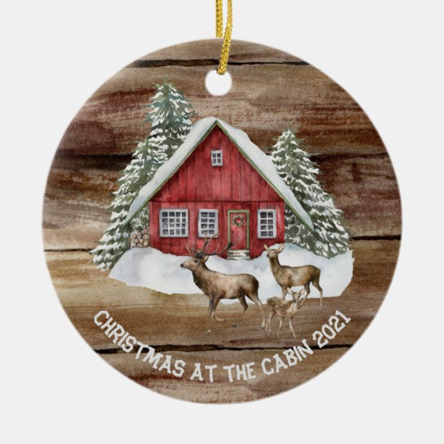 Personalisierte Kabine Woods Wasserfarben Weihnach Keramik Ornament (Vorne)