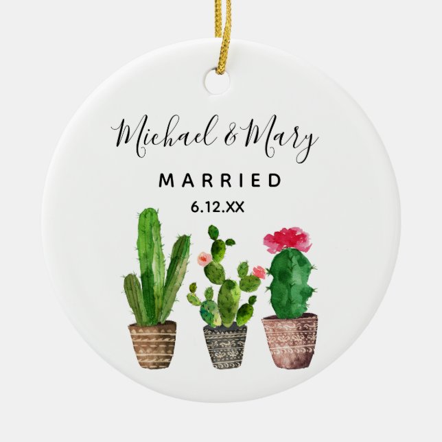 Personalisierte Kaktus Verheiratete Geschenke Keramik Ornament (Vorne)