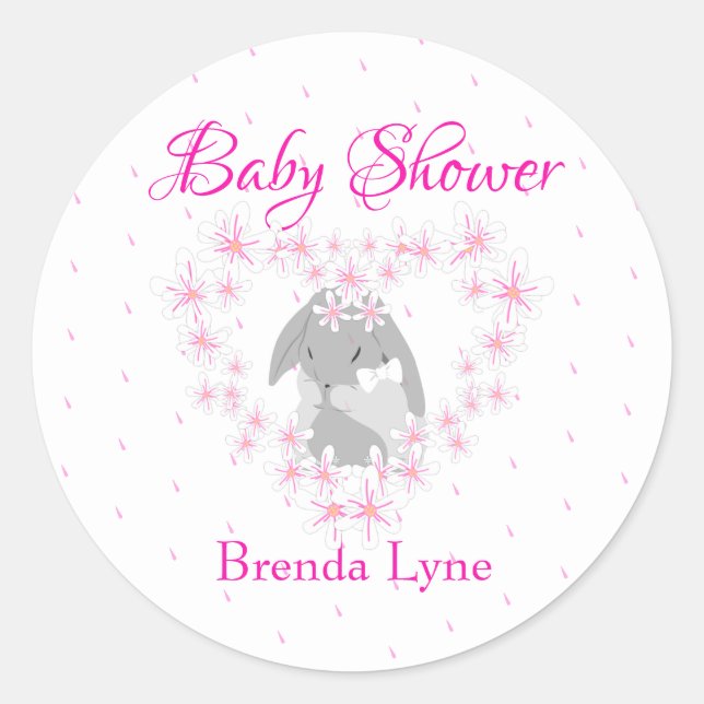 Personalisierte Kaninchenmädchen Pink Babydusche Runder Aufkleber (Vorderseite)