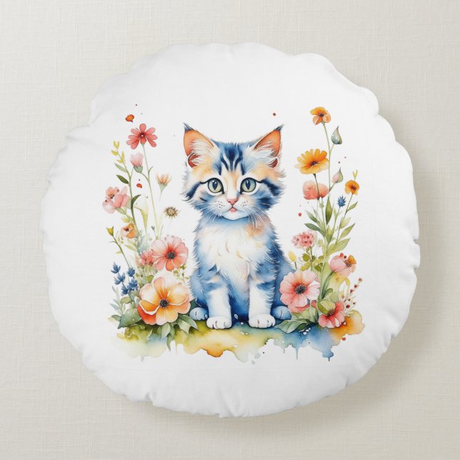 Personalisierte Kätzchen und Blume Kindername Rundes Kissen (Vorderseite)