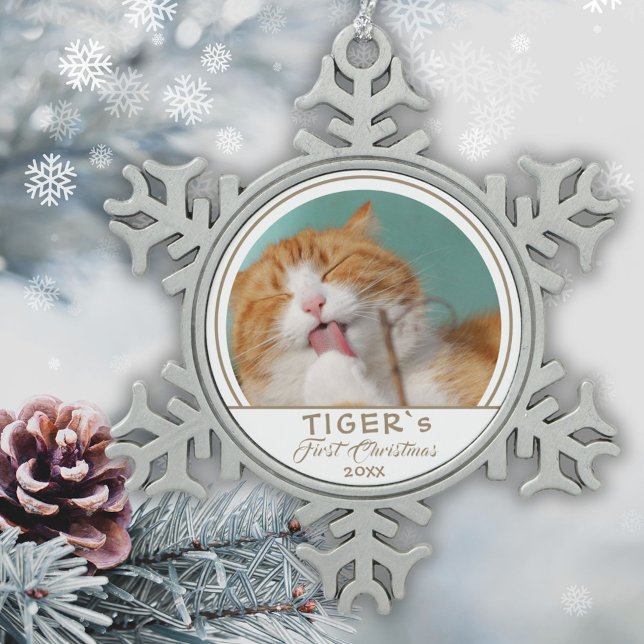 Personalisierte Katze 1. Weihnachtsmann Foto Schneeflocken Zinn-Ornament (Von Creator hochgeladen)