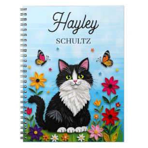 Personalisierte Katze, Blumen und Schmetterlinge Notizblock