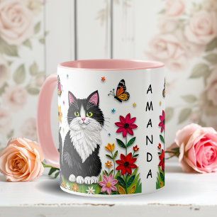 Personalisierte Katze, Blumen und Schmetterlinge Tasse