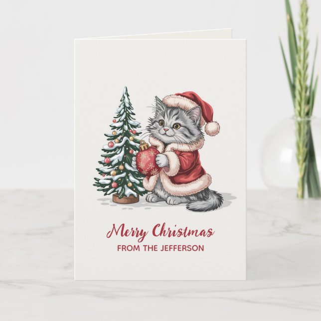 Personalisierte Katze mit Weihnachtsmannmütze Weih Feiertagskarte (Vorderseite)