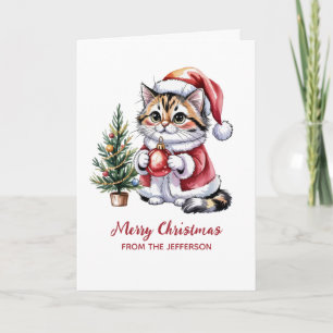 Personalisierte Katze mit Weihnachtsmannmütze Weih Feiertagskarte