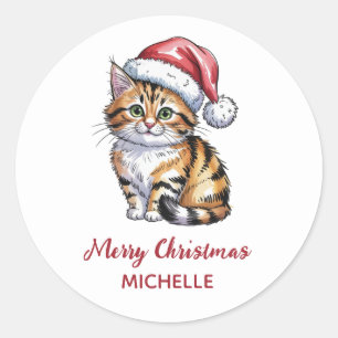 Personalisierte Katze mit Weihnachtsmannmütze Weih Runder Aufkleber
