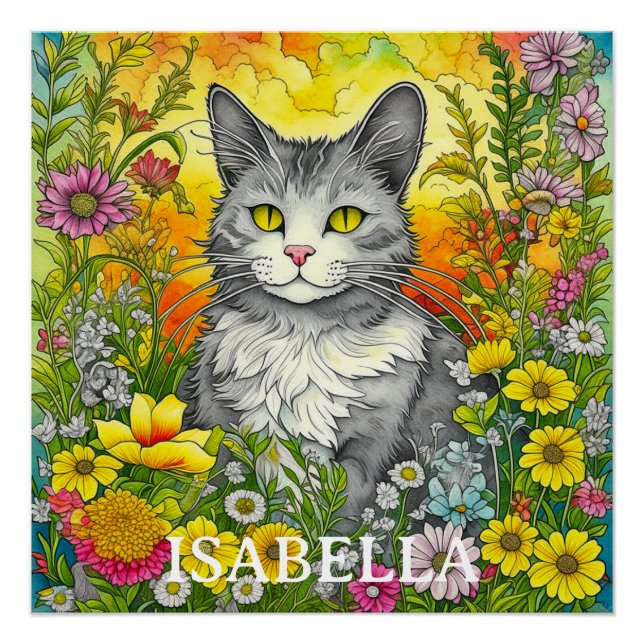 Personalisierte Katze und Blume Poster (Vorderseite)