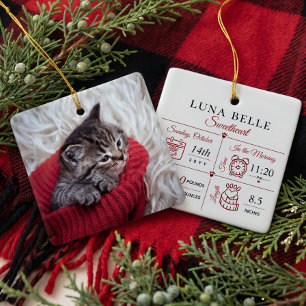 Personalisierte Katzen-Geburtsstatistik-Foto-Namen Keramikornament