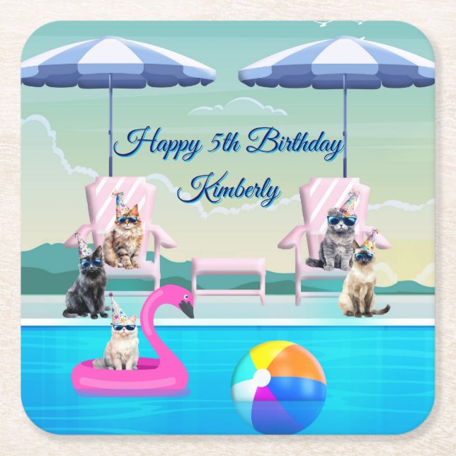 Personalisierte Katzen-Pool-Party Rechteckiger Pappuntersetzer (Vorderseite)