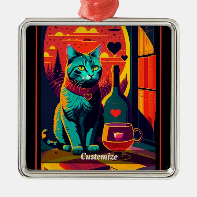 Personalisierte Katzenbücher und Weine Ornament Aus Metall (Vorne)