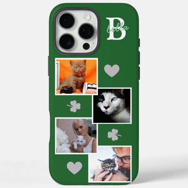 Personalisierte Katzenfoto-Collage Monogramm grün iPhone 16 Pro Max Hülle (Rückseite)