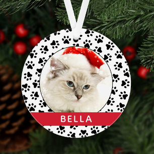 Personalisierte Katzenfoto mit roten Pfotenabdrück Ornament