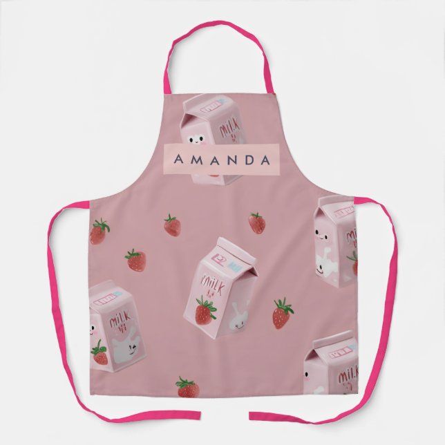 Personalisierte Kawaii-Erdbeermilch-Muster-Schürze Schürze (Vorderseite)
