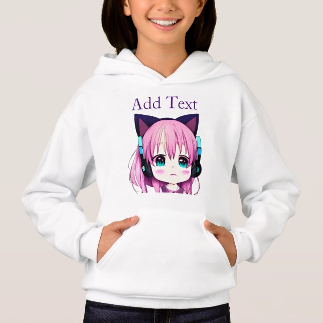 Personalisierte Kawaii-Girl mit Kopfhörer auf Hoodie (Vorderseite)