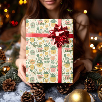 Personalisierte Kawaii-Kaktus und Sukkulentes Gesc Geschenkpapier