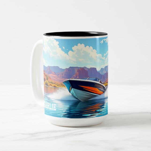 Personalisierte Keramik-Kaffeetasse Lustiges Boot- Zweifarbige Tasse (Vorderseite Links)