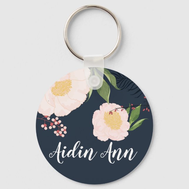 Personalisierte Key Chain White Floral Blume auf d Schlüsselanhänger (Vorderseite)