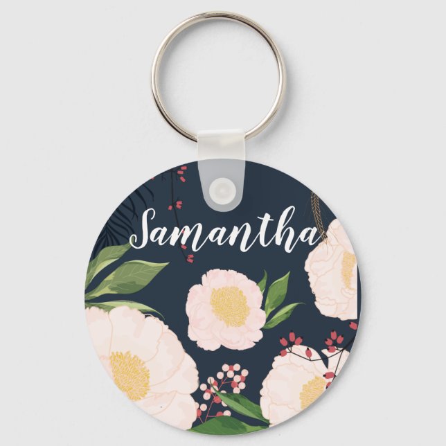 Personalisierte Key Chain White Floral Blume auf d Schlüsselanhänger (Vorderseite)