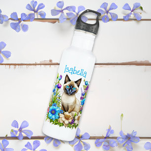 Personalisierte KI-Aquarell-Siamesenkatze in Blume Edelstahlflasche