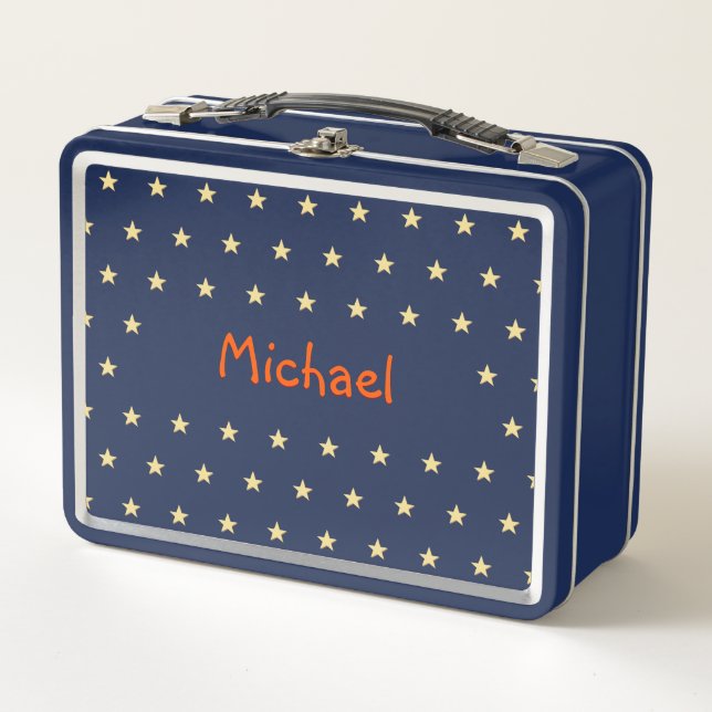 Personalisierte Kinder Jungs Name Gold Stars Blue  Metall Brotdose (Vorderseite)