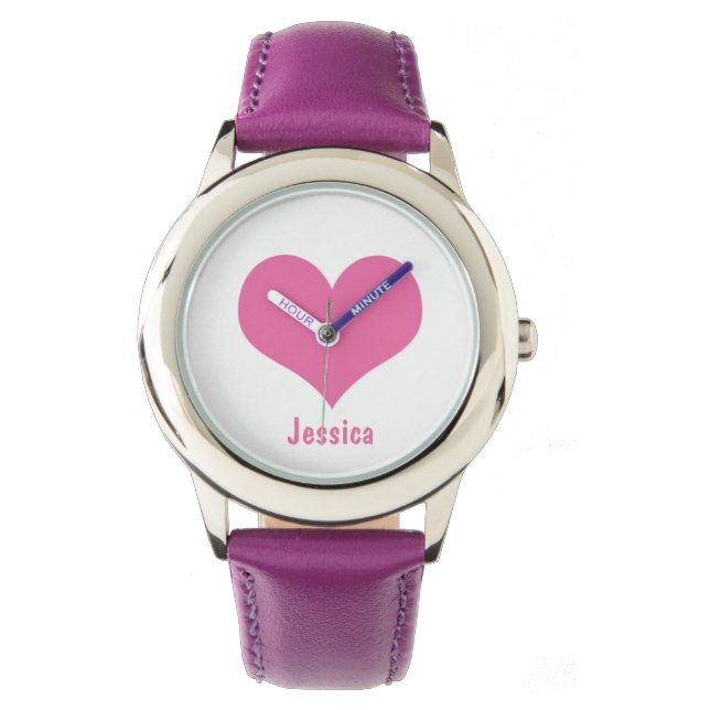 Personalisierte Kinder rosa Herzkinder Name Armbanduhr (Vorderseite)