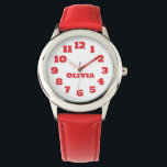 Personalisierte Kinderschau Armbanduhr<br><div class="desc">Dieses Bild zeigt eine Kinderuhr mit einem runden, silberfarbenen Gehäuse mit weißem Ziffernblatt. Die Uhr hat große, leicht zu lesende rote Zahlen von 1 bis 12, und die Stunden- und Minutenzeiger sind ebenfalls rot mit den Worten "HOUR" und "MINUTE" markiert. Der Name auf der Armbanduhr kann auf jeden beliebigen Namen...</div>