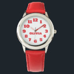 Personalisierte Kinderschau Armbanduhr<br><div class="desc">Dieses Bild zeigt eine Kinderuhr mit einem runden, silberfarbenen Gehäuse mit weißem Ziffernblatt. Die Uhr hat große, leicht zu lesende rote Zahlen von 1 bis 12, und die Stunden- und Minutenzeiger sind ebenfalls rot mit den Worten "HOUR" und "MINUTE" markiert. Der Name auf der Armbanduhr kann auf jeden beliebigen Namen...</div>