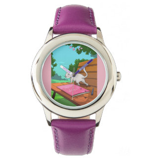 Personalisierte Kinderuhr - Katze auf der Bank Armbanduhr