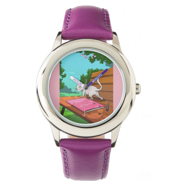 Personalisierte Kinderuhr - Katze auf der Bank Armbanduhr (Vorderseite)