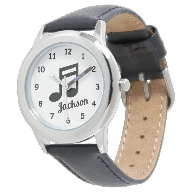 Personalisierte Kinderuhr mit Namen und Musiknote Armbanduhr (Schrägansicht)
