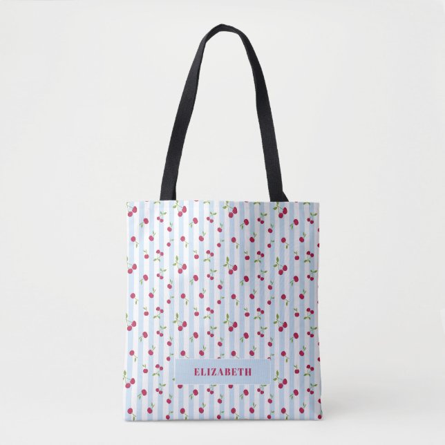 Personalisierte Kirsche Blaue Streifen Retro Süß Tasche (Vorderseite)