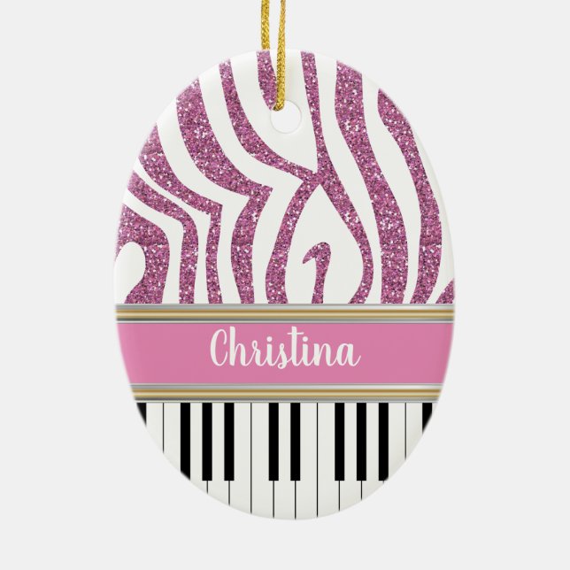 Personalisierte Klaviertasten Rosa Glitzer Zebra P Keramik Ornament (Hinten)