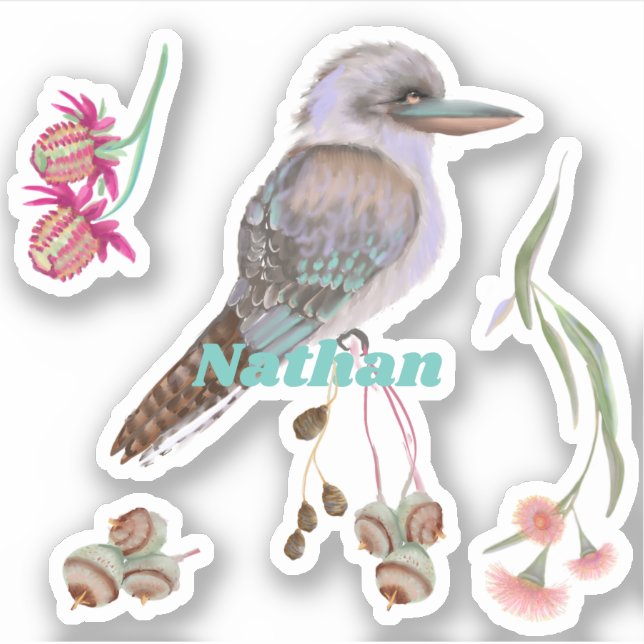 Personalisierte Kookaburra und Eukalyptus Aufkleber (Vorderseite)