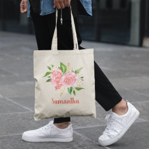 Personalisierte korallenrosa Wasserfarben-Rose Tragetasche
