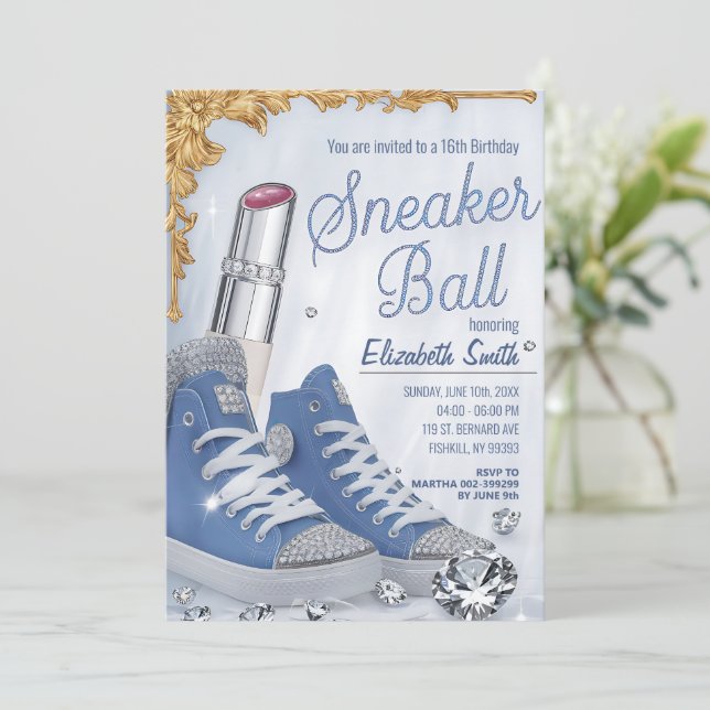Personalisierte Kristalle Chic Birthday Sneaker Ba Einladung (Stehend Vorderseite)