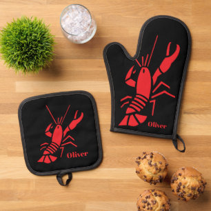 Personalisierte Küche mit rotem Hummerlogo Ofenhandschuh & Topflappen-Set
