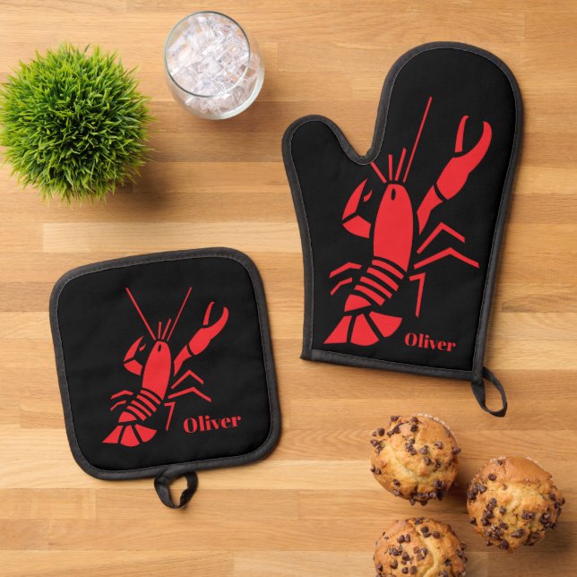 Personalisierte Küche mit rotem Hummerlogo Ofenhandschuh & Topflappen-Set (Oben Unten)