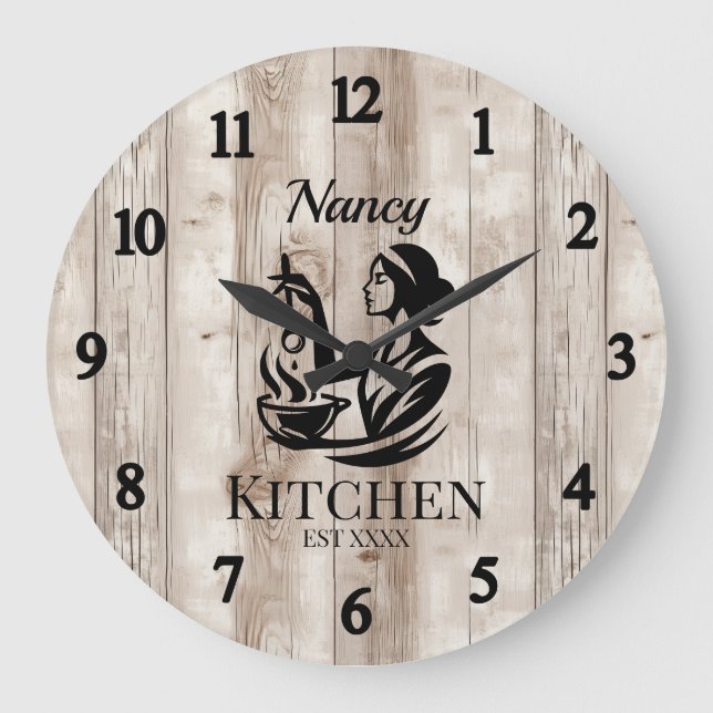 Personalisierte Küchenanlegestelle mit Holzdesign Große Wanduhr (Vorderseite)