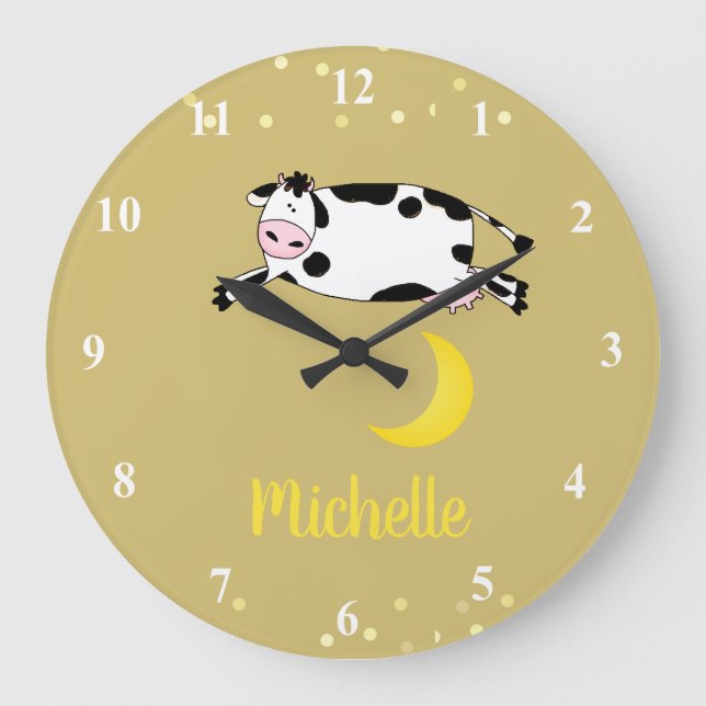 Personalisierte Kuh hüpft über das Kinderzimmer de Große Wanduhr (Vorderseite)